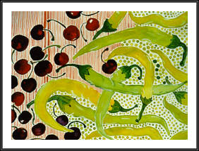 Chillies and cherries. Watercolour 2002. 9" x 12" (24 x 32 cm).